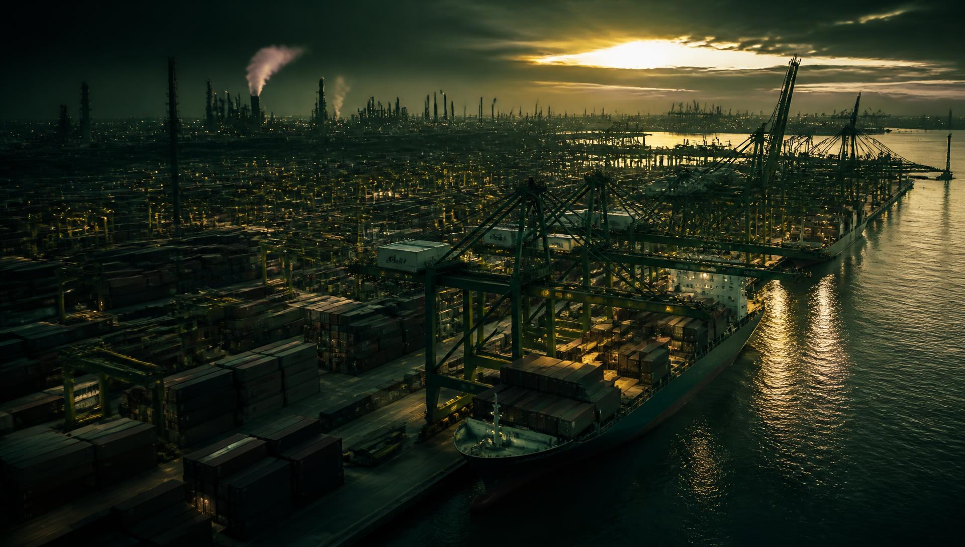 Container port at dusk with cargo ship and gantry cranes